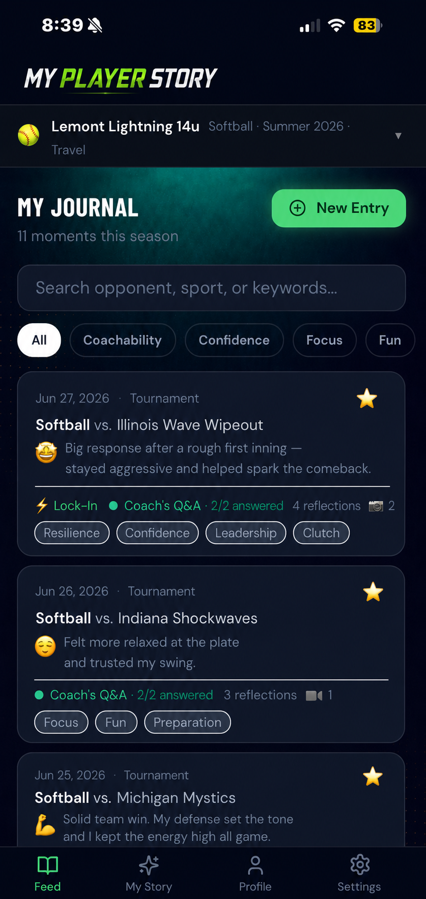 MyPlayerStory entry feed showing journal entries with tags, reflections, and media