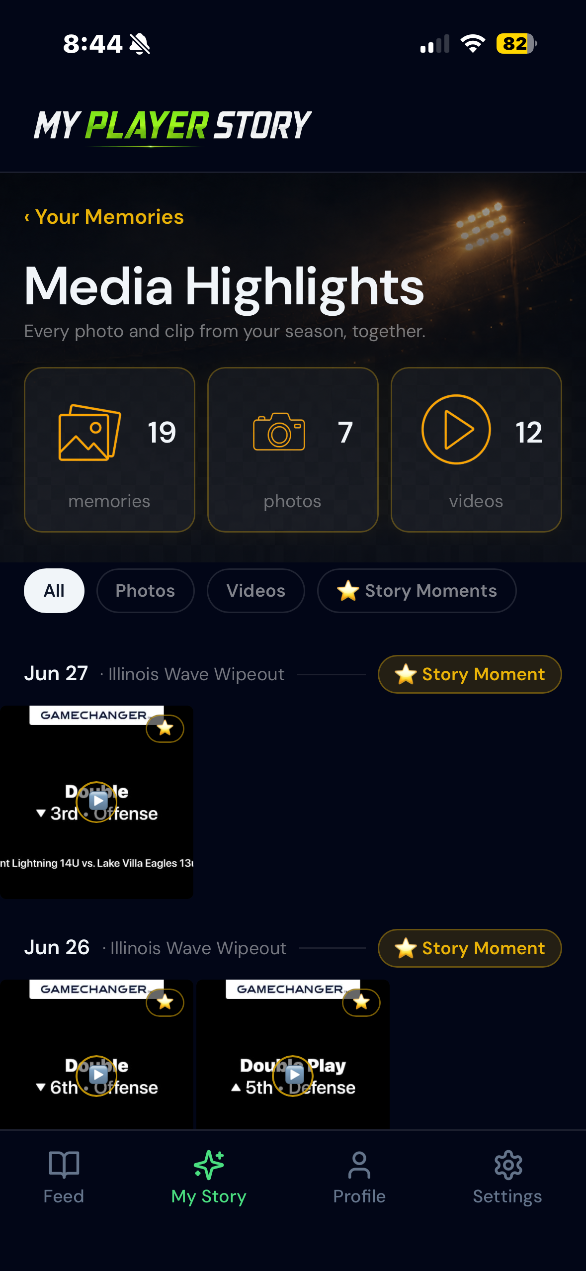 Media Highlights showing photos and videos grouped by game and season
