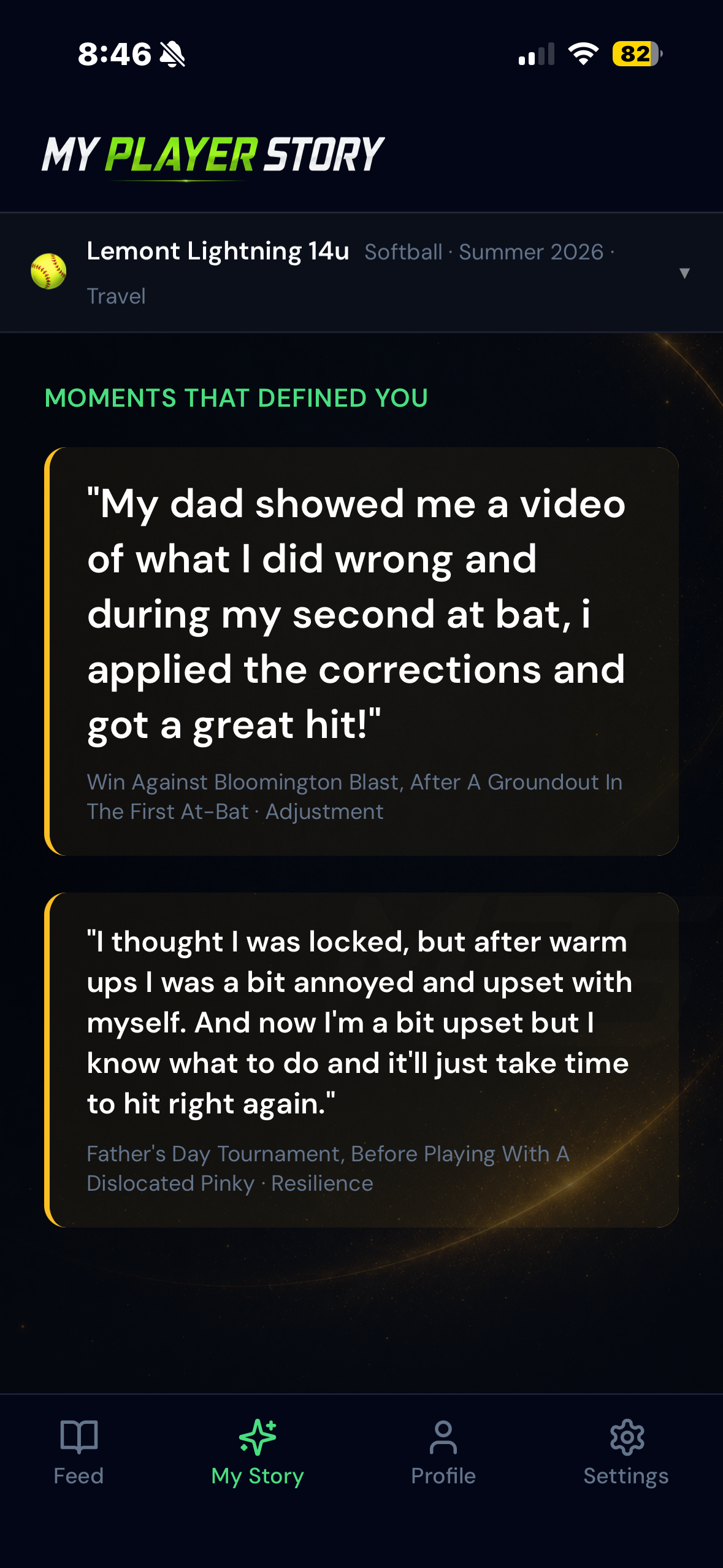 Moments That Defined You — real athlete quotes surfaced by the app