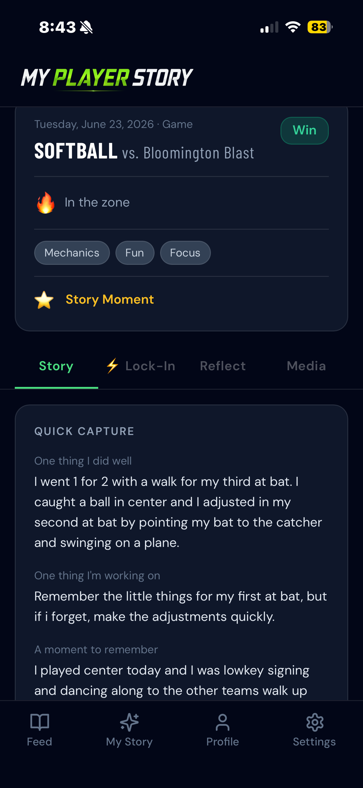 Post-game entry detail showing game result, mood, tags, and reflection responses