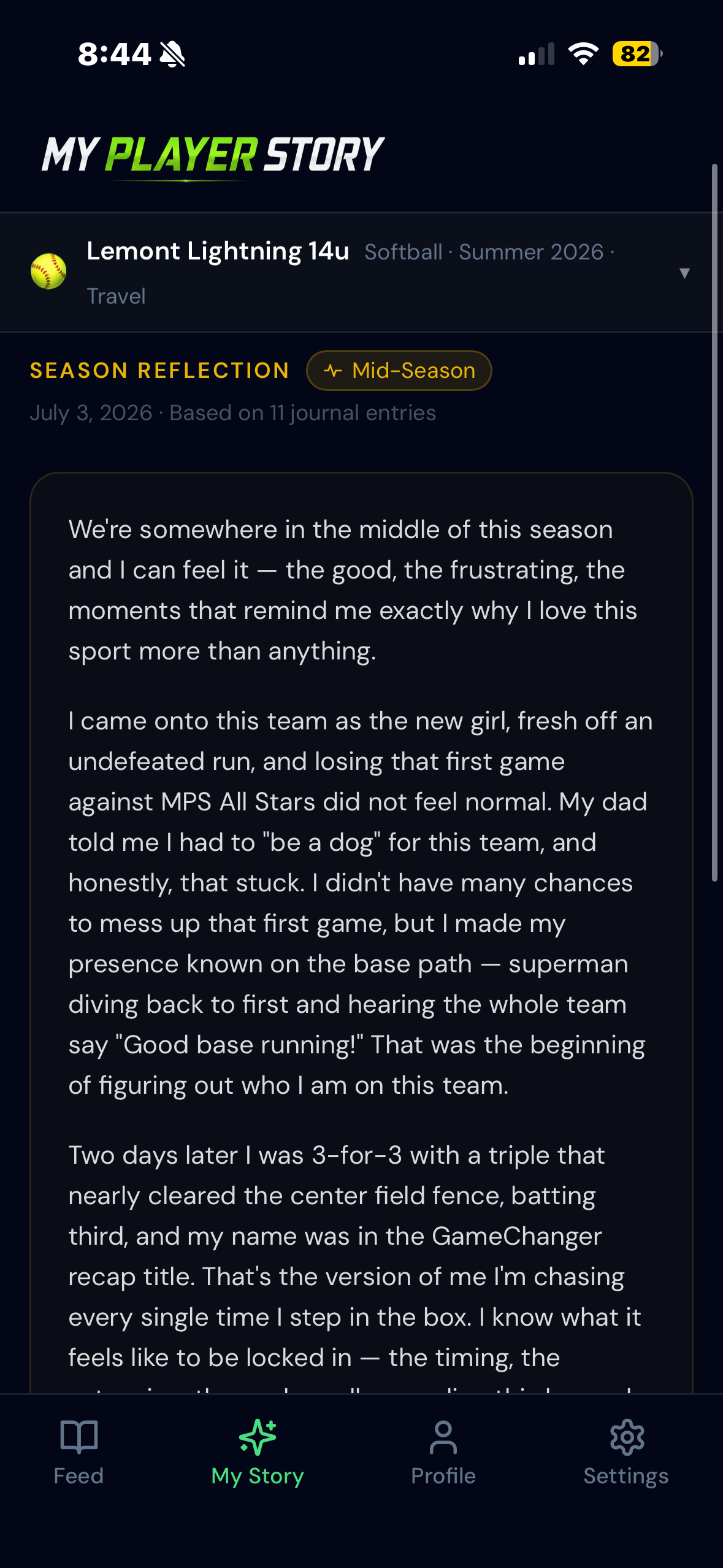 Season Reflection narrative built from the athlete's entries