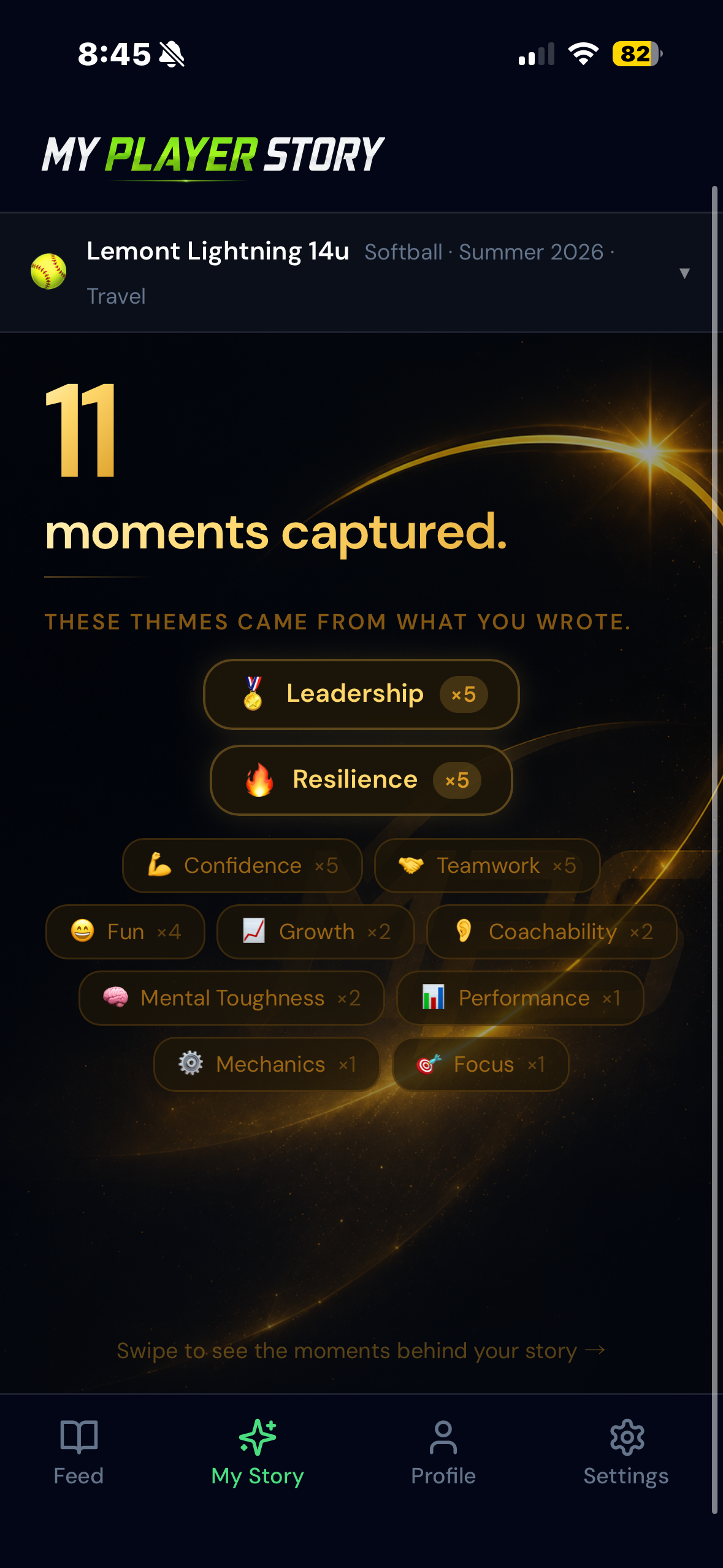 MyPlayerStory Season Snapshot showing themes and moments captured this season
