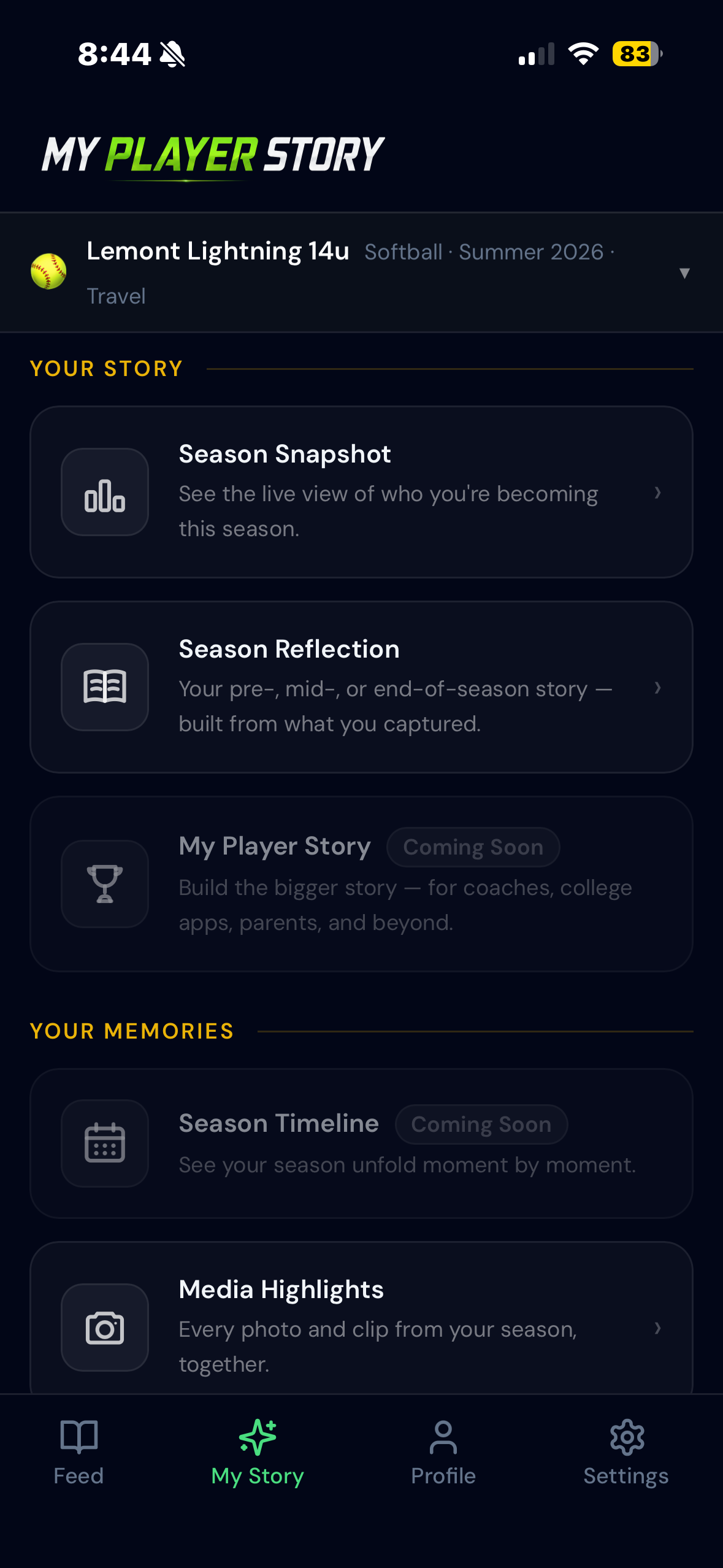 Story Hub showing Season Snapshot, Season Reflection, and Media Highlights